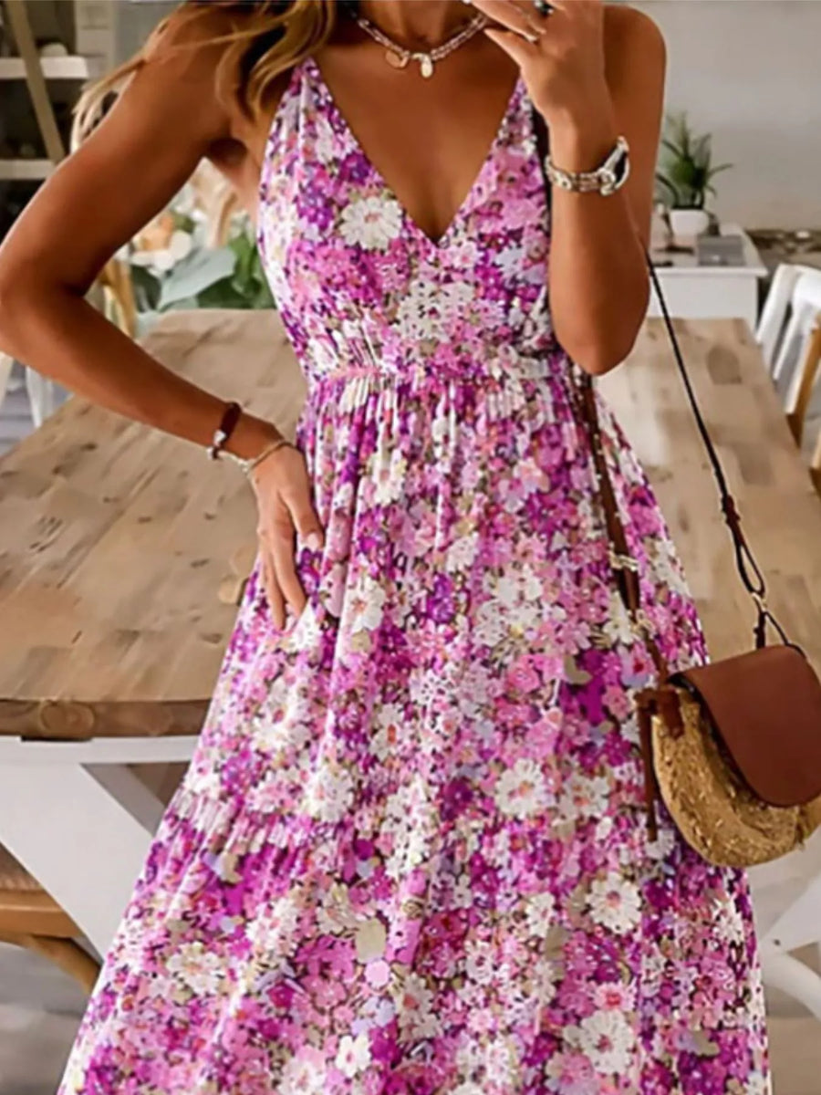 Woman wearing a floral dress with a blurred background