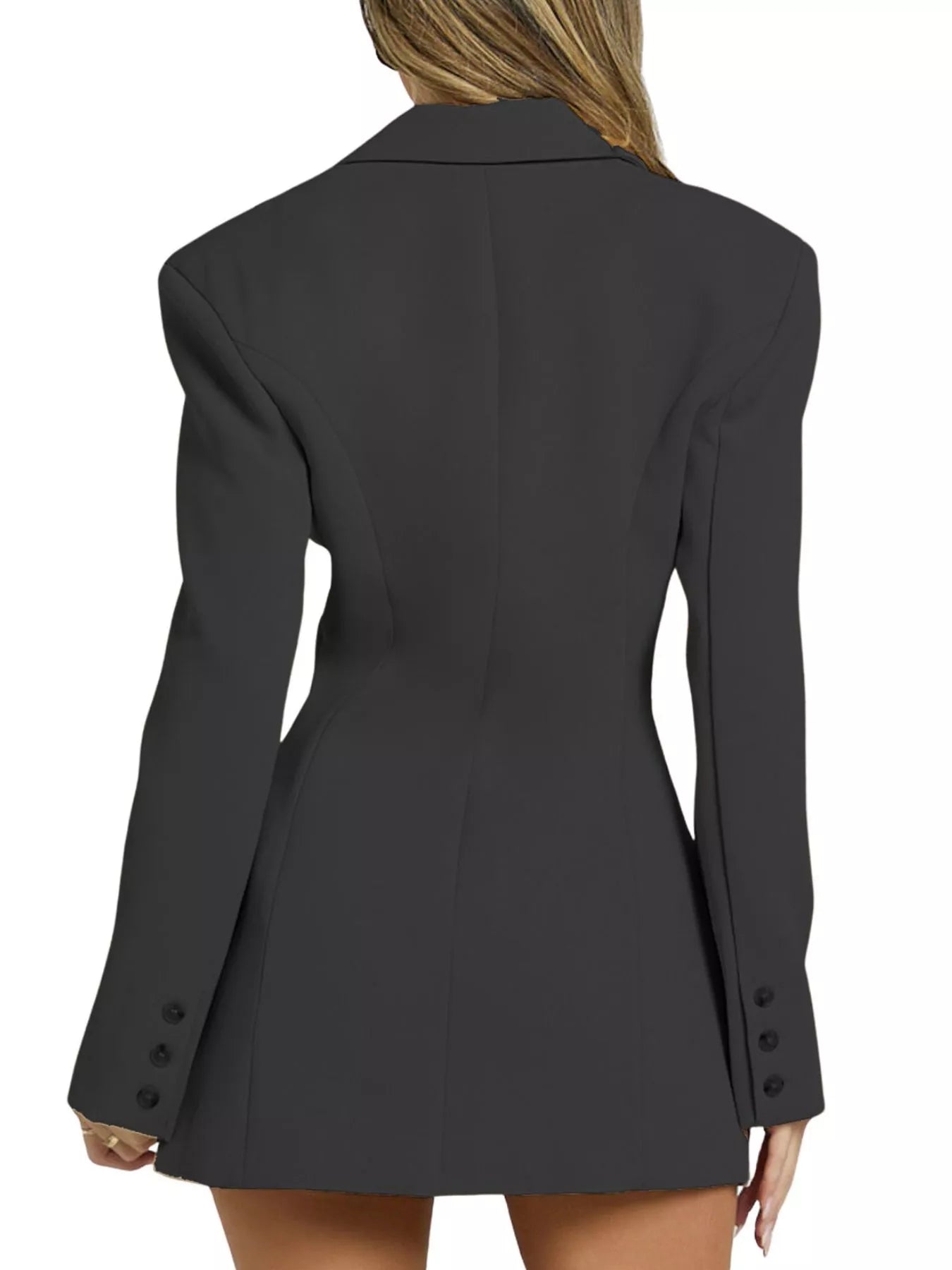 Black blazer worn by a person on a white background