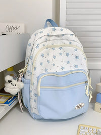 Light blue and white floral-patterned backpack on a desk