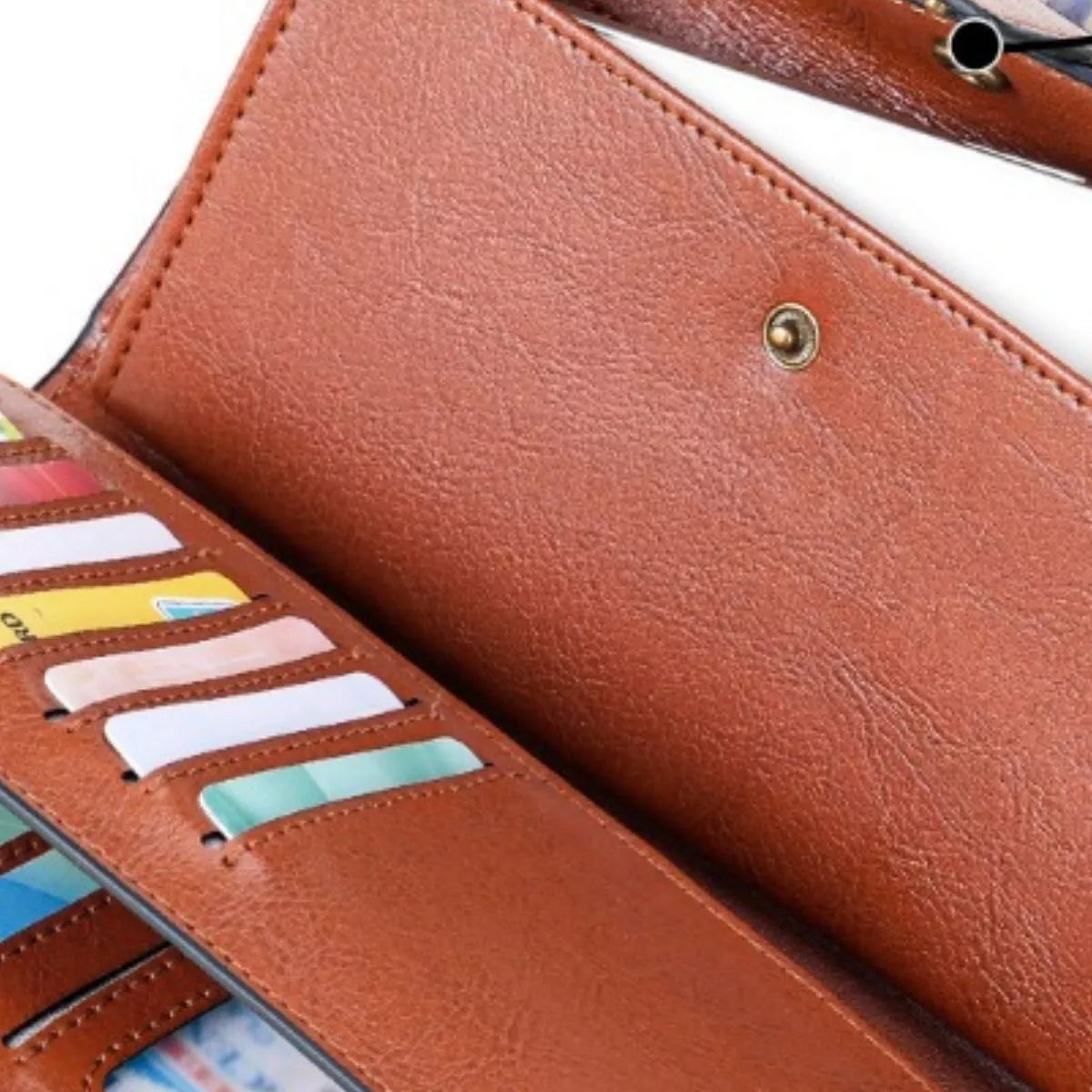 Brown leather wallet with card slots and a coin pocket.