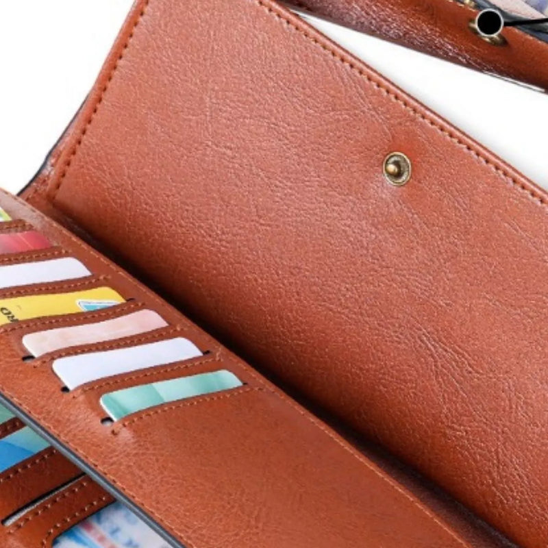 Brown leather wallet with card slots and a coin pocket.