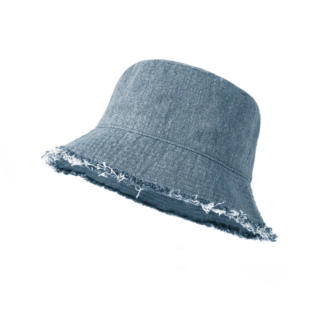 Blue denim bucket hat with white floral embroidery on a white background
