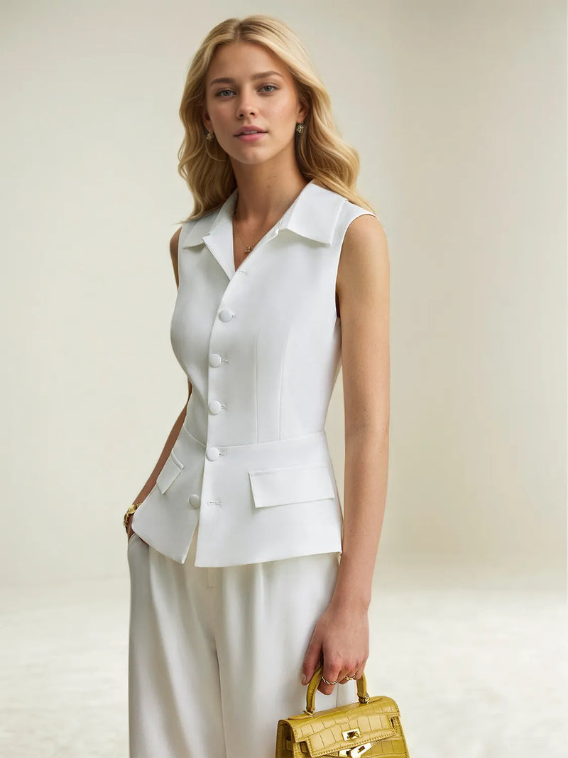 Woman wearing a white sleeveless blazer and holding a yellow handbag against a light background