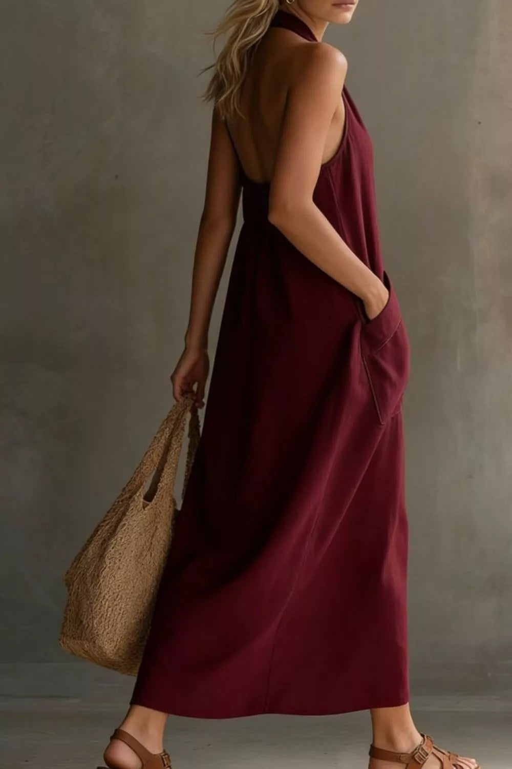 Woman in a burgundy dress holding a woven bag against a neutral background