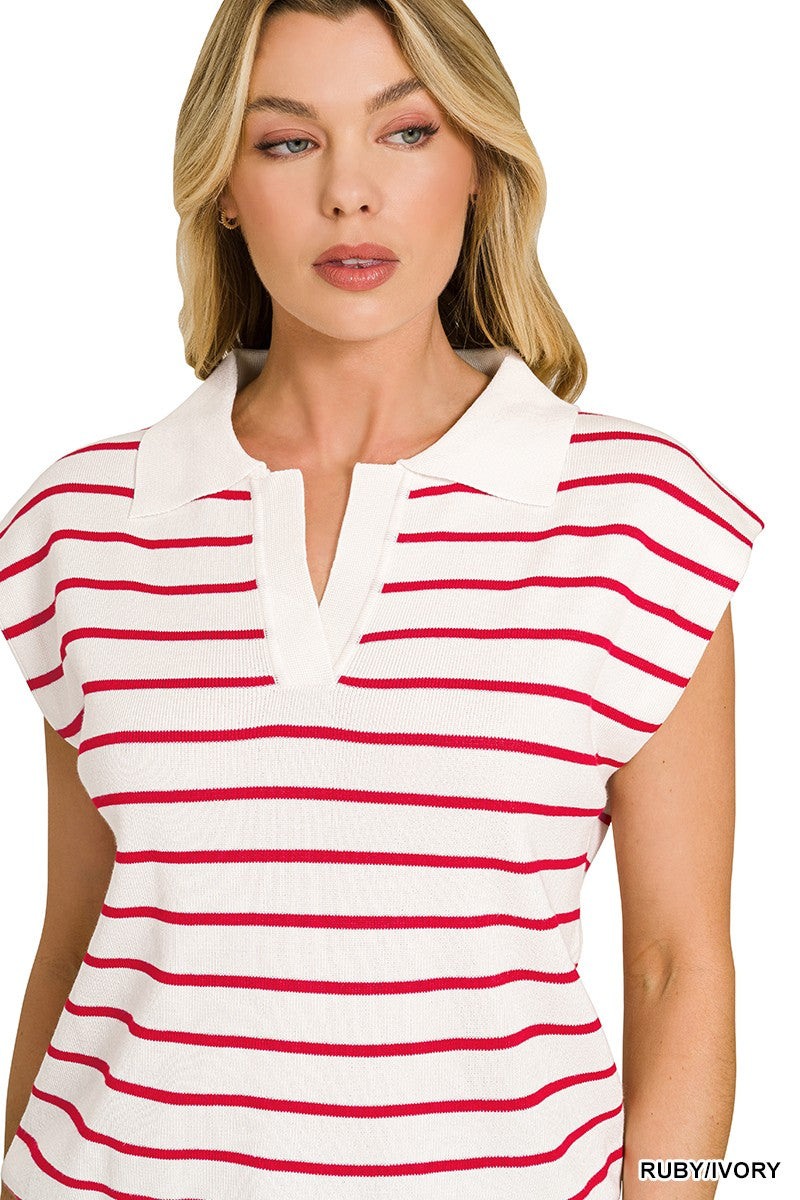 Woman wearing a white and red striped shirt with 'Ruby/Ivory' text.