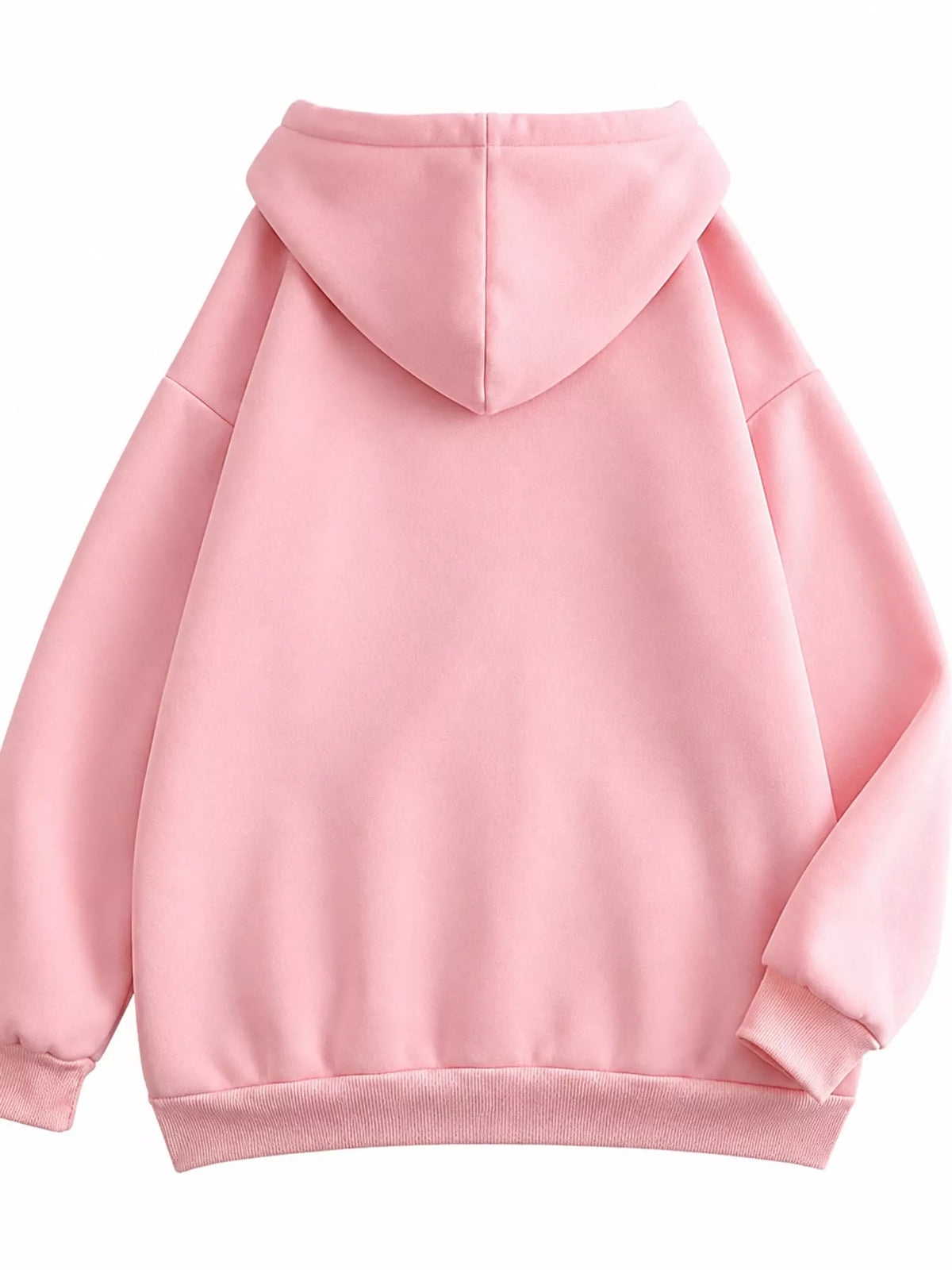 A light pink pullover hoodie shown from the back, featuring a simple stitched seam down the center back, ribbed cuffs, and a ribbed hem, set against a plain white background.