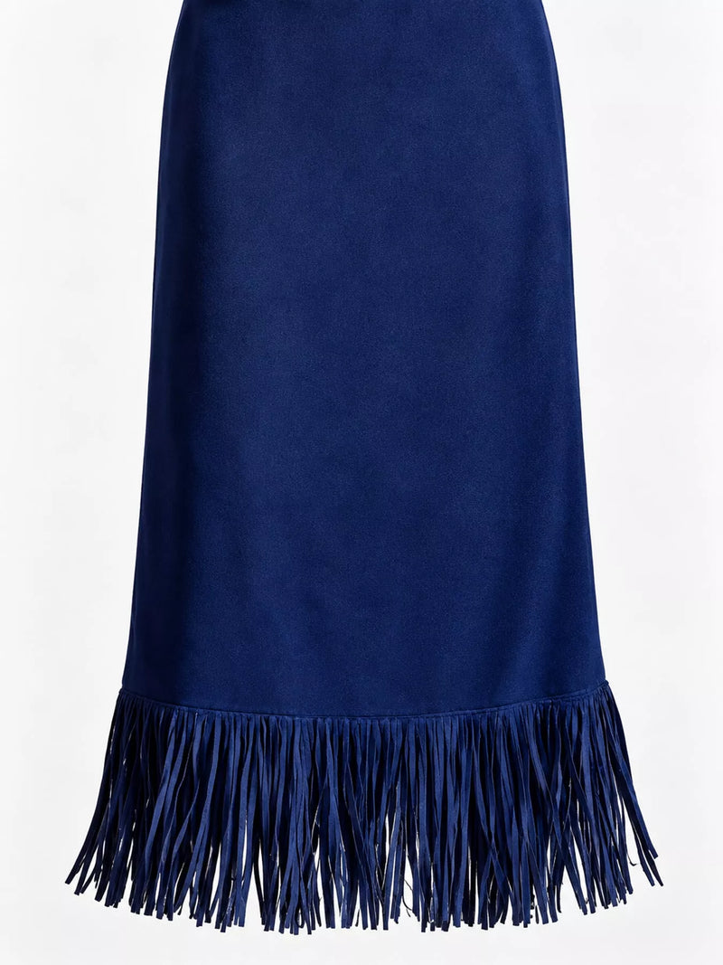 Fll view of blue High-Waisted Fringe Midi Skirt