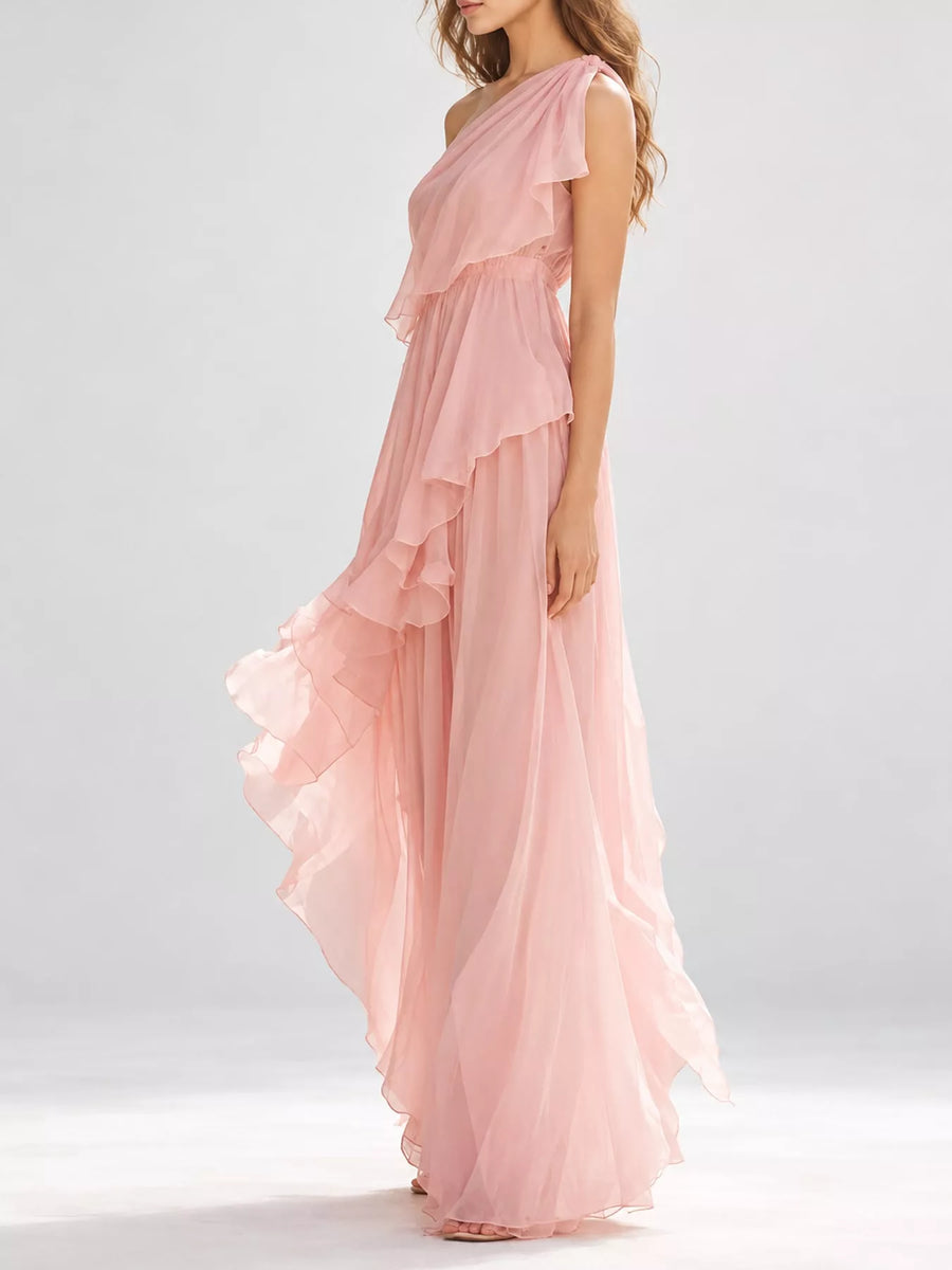 Side view of a woman in a One-Shoulder Ruffled Chiffon Maxi Dress