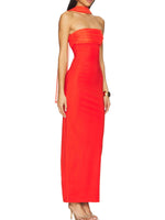 Red strapless gown on a white background