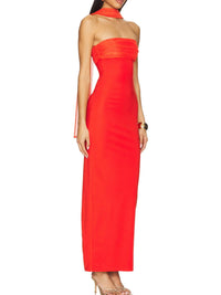 Red strapless gown on a white background