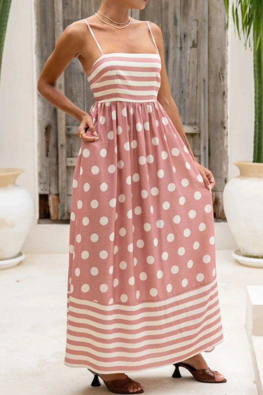 Front view of burgundy Polka Dot Square Neck Cami Dress