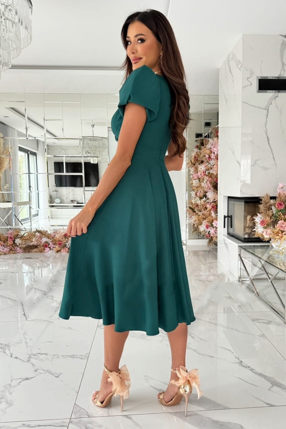 Side view of green Surplice Puff Sleeve Midi Dress