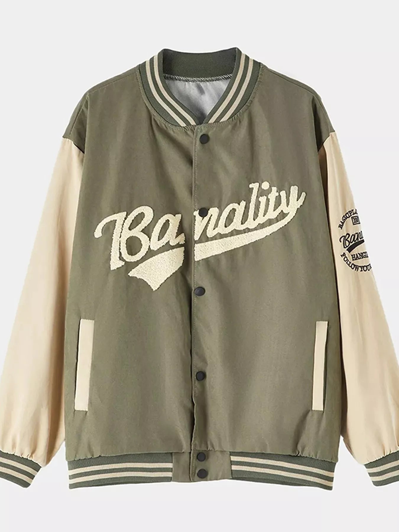 An olive green varsity-style jacket with cream-colored sleeves, featuring 'BanalitY' printed in cream across the chest and striped ribbed collar, cuffs, and hem.