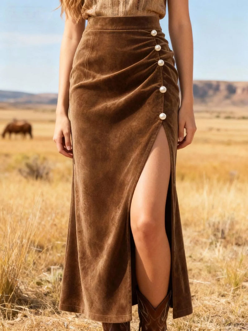 Person wearing a brown velvet skirt with a slit in a desert landscape