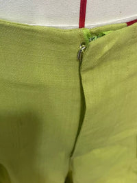 Close-up of a green fabric with a zipper, on a white background.