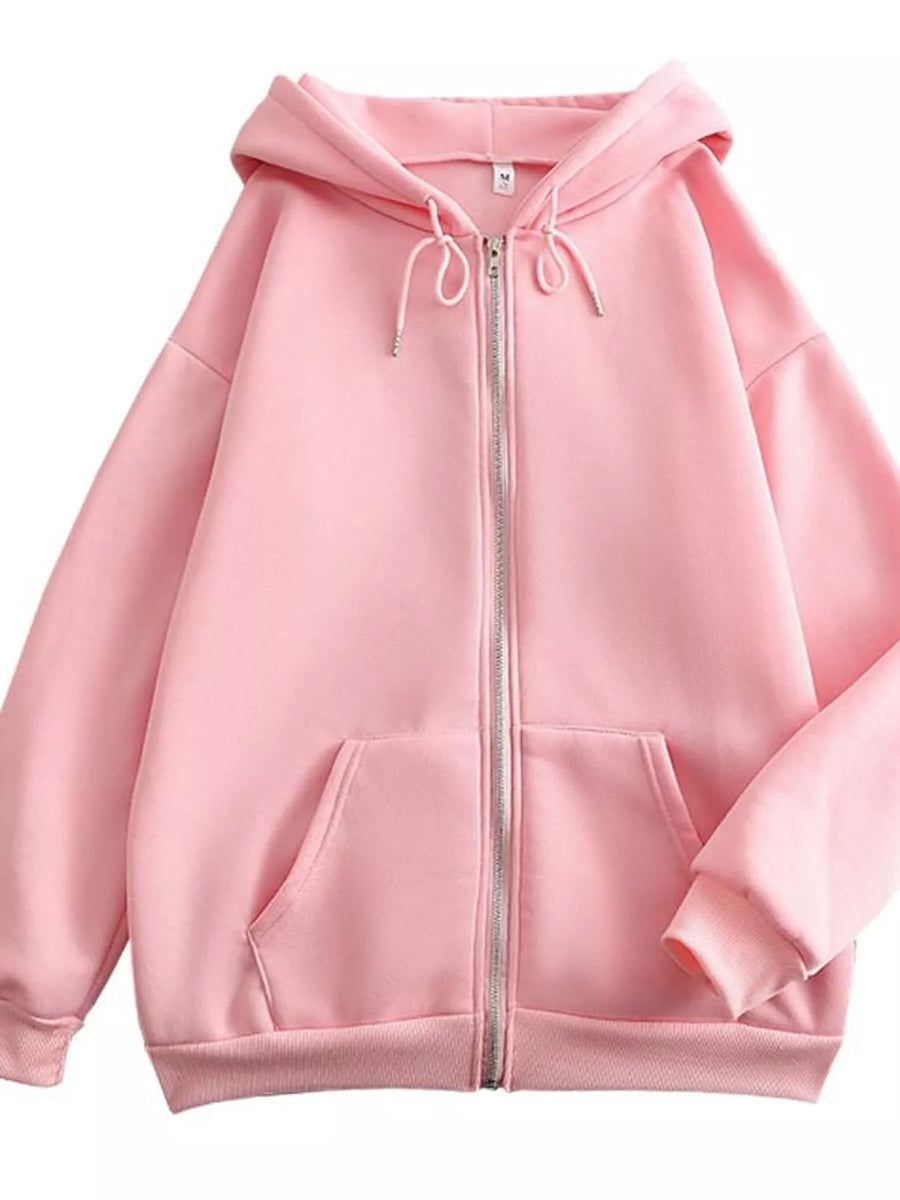 A light pink zip-up hoodie with a front zipper, drawstring hood, and kangaroo pockets, shown against a plain white background.