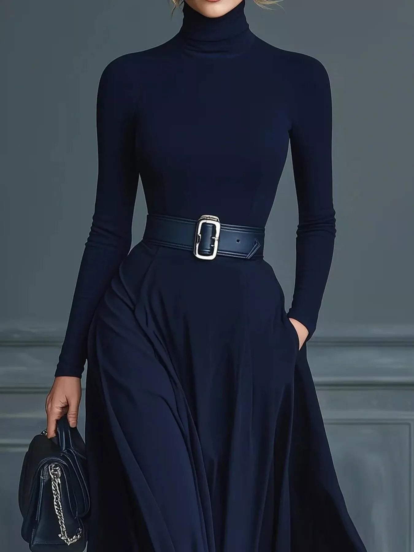Person wearing a navy blue turtleneck and skirt with a belt, holding a matching handbag against a gray background.