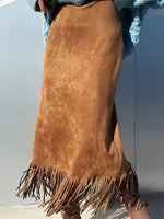 A lady showing a fron viw of High-Waisted Fringe Midi Skirt