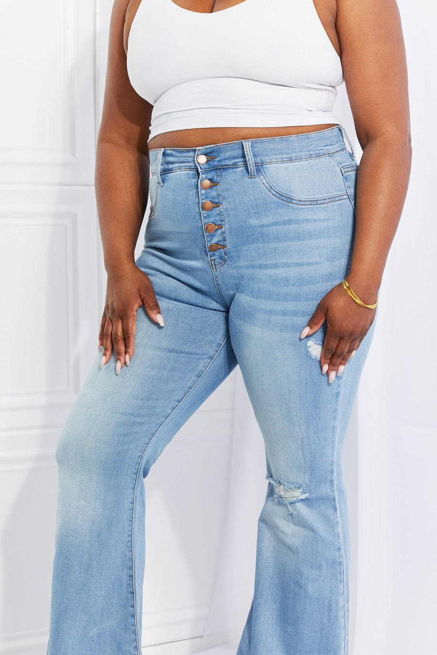 Another close up view of plus size Vibrant MIU Jess Flare Jeans | Ultra High Rise Button Fly Denim