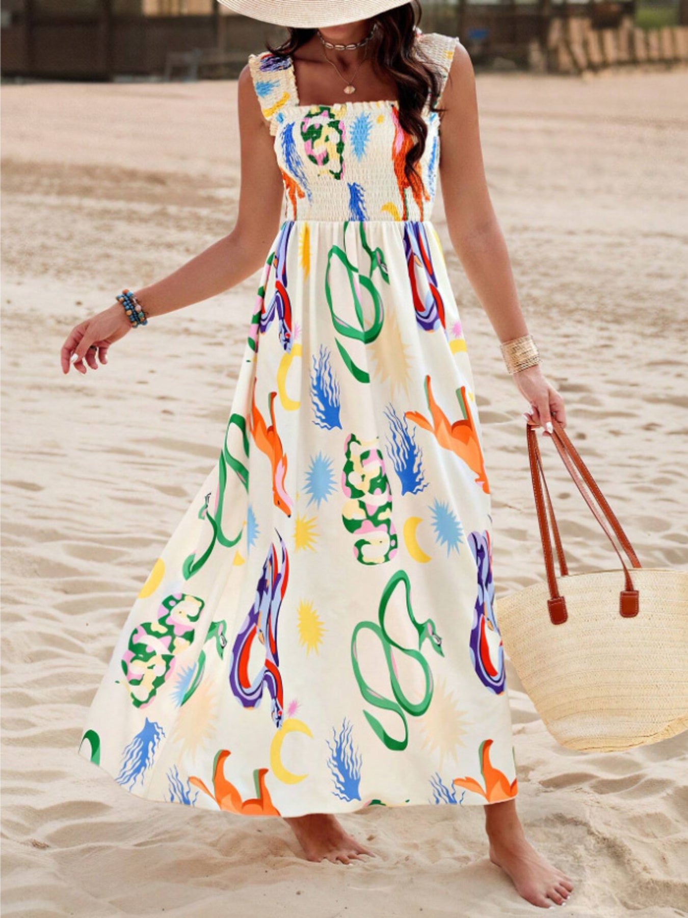 Woman in a colorful dress on a beach