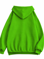 A bright lime green hoodie shown from the back, featuring a simple back view with a hood, long sleeves, and ribbed cuffs and hem, set against a plain white background.