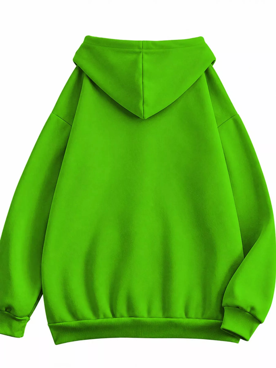 A bright lime green hoodie shown from the back, featuring a simple back view with a hood, long sleeves, and ribbed cuffs and hem, set against a plain white background.