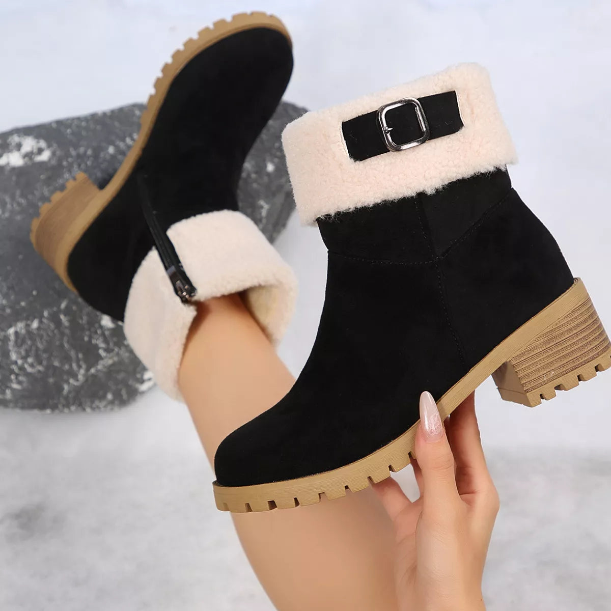 Woman showing the side of Round Toe Block Heels Boots