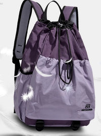 Purple drawstring backpack with black accents on a white background