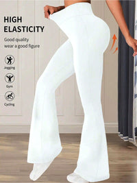 White leggings with text highlighting high elasticity and suitable for various activities.