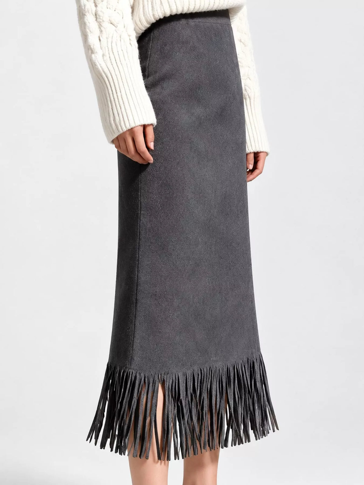 Side view of the gray High-Waisted Fringe Midi Skirt
