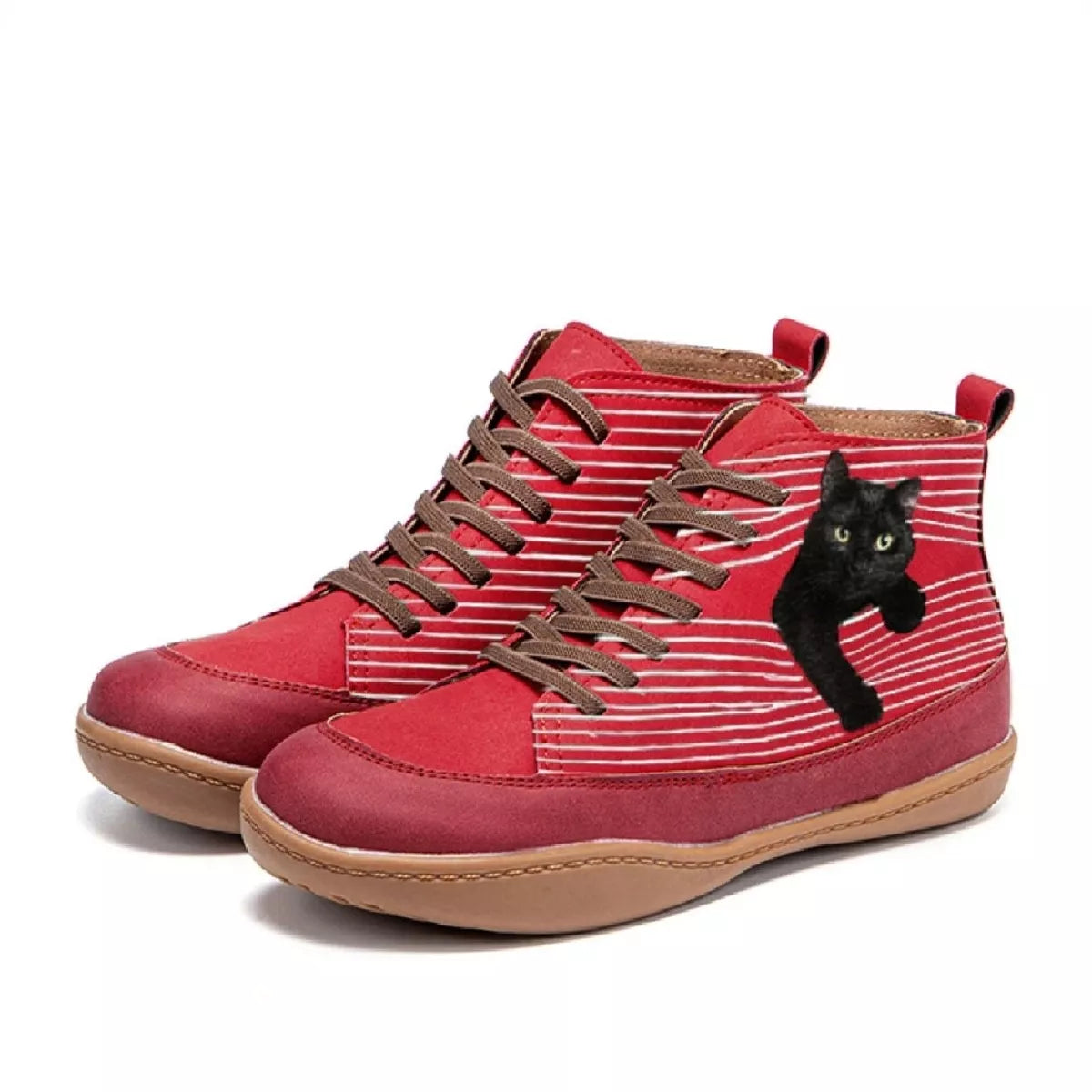 Red high-top sneakers with a black cat design on a white background