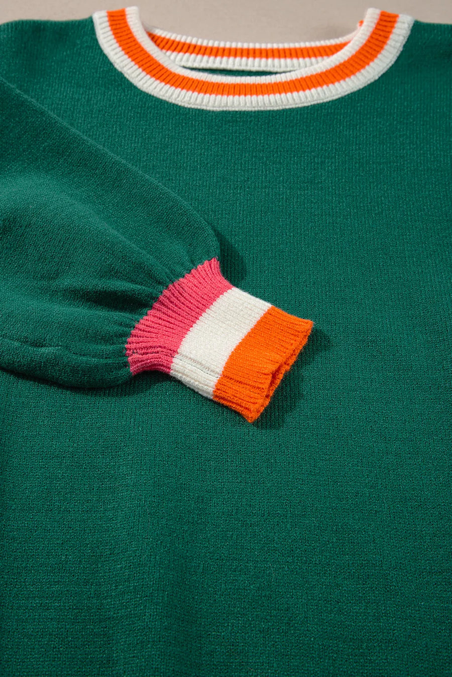 View of collar on Contrast Round Neck Long Sleeve Sweater