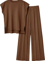 Brown sleeveless top and wide-leg pants set on a white background