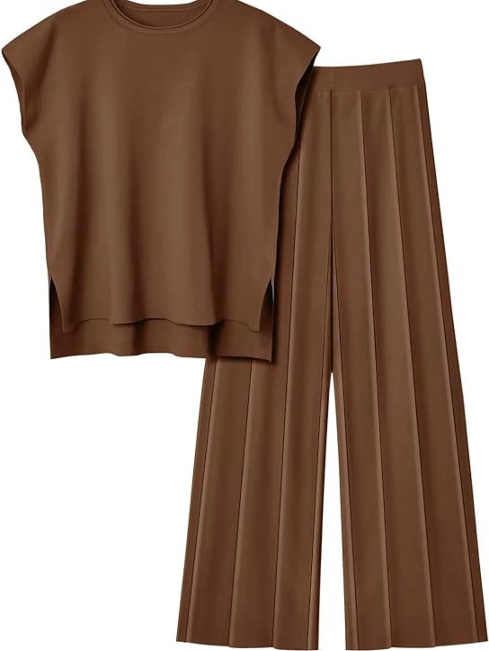 Brown sleeveless top and wide-leg pants set on a white background