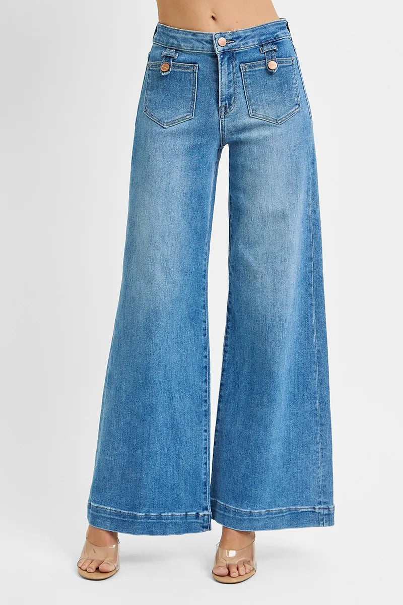 Blue denim wide-leg jeans on a white background