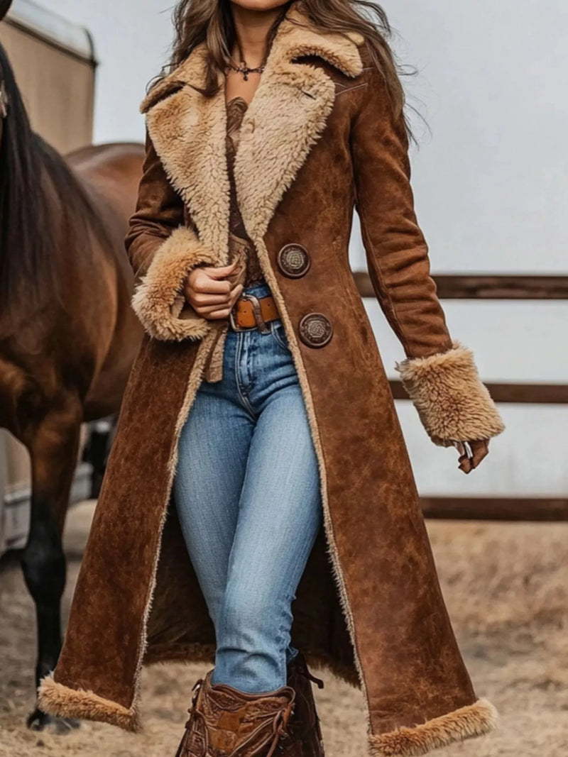 Person wearing a brown shearling coat with a horse in the background