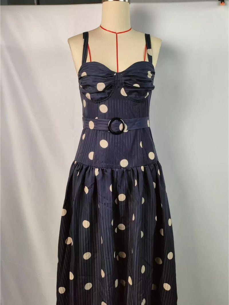 Front view of Polka Dot Sweetheart Neck Midi Dress