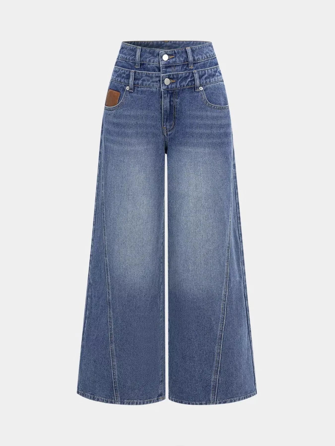Blue wide-leg jeans on a white background