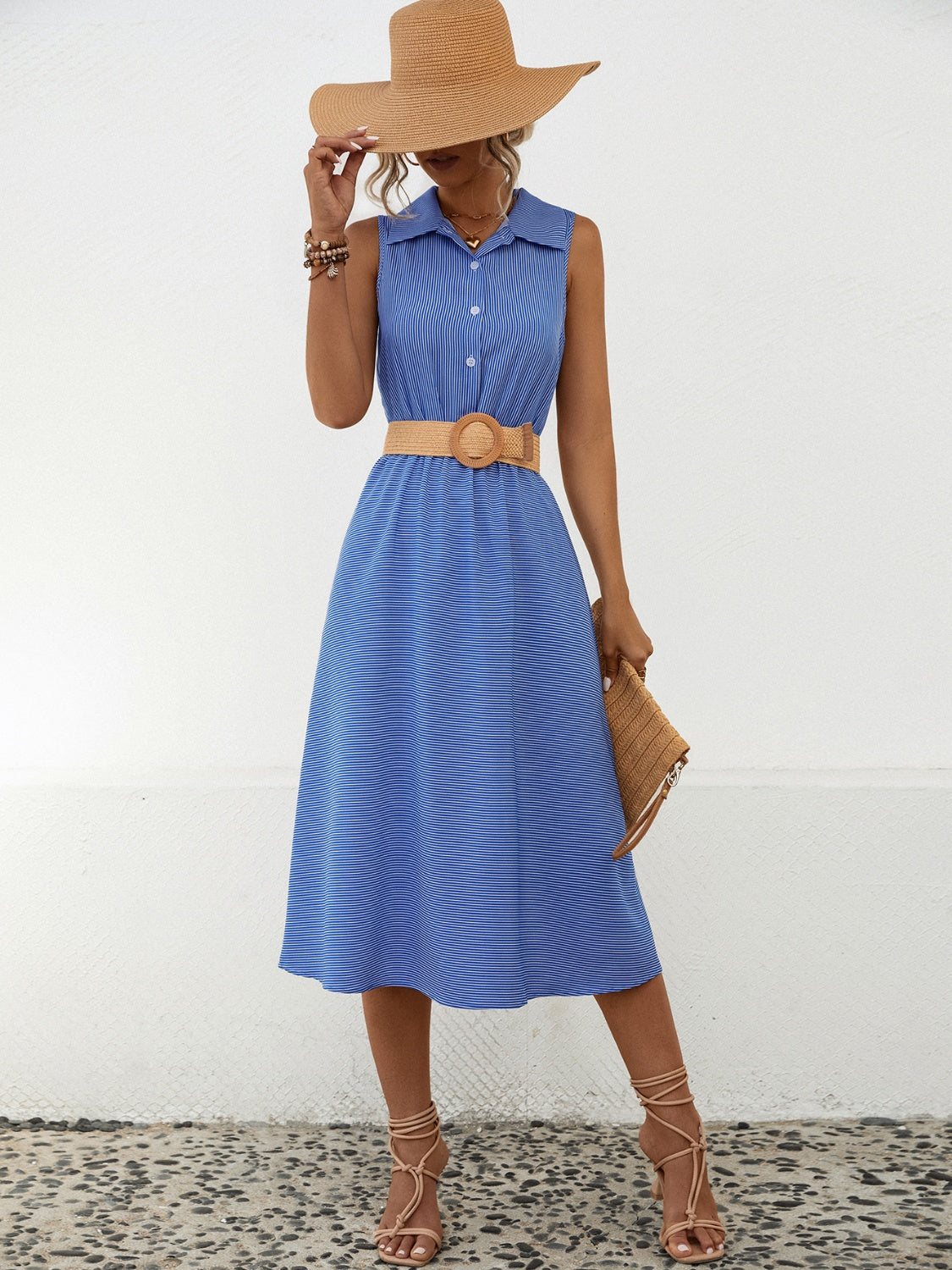 Full view of Striped Collared Neck Sleeveless Midi Dress