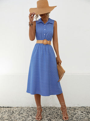 Full view of Striped Collared Neck Sleeveless Midi Dress