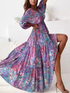 Printed V-Neck Balloon Sleeve Slit Maxi Dress