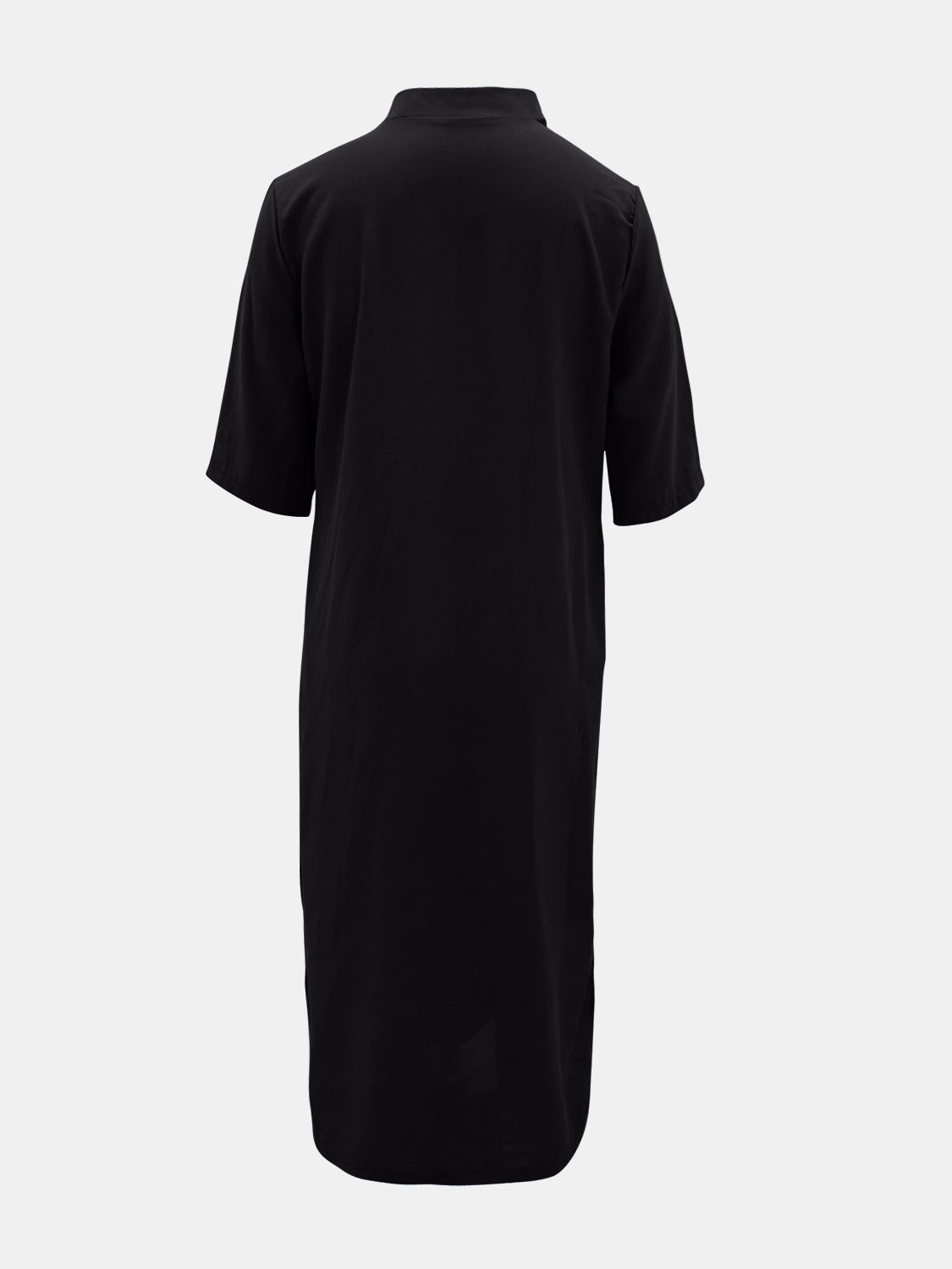 Back of black Full Size Notched Half Sleeve Midi Dress