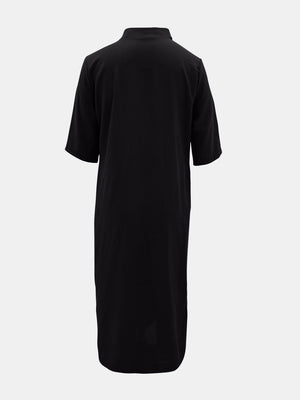 Back of black Full Size Notched Half Sleeve Midi Dress