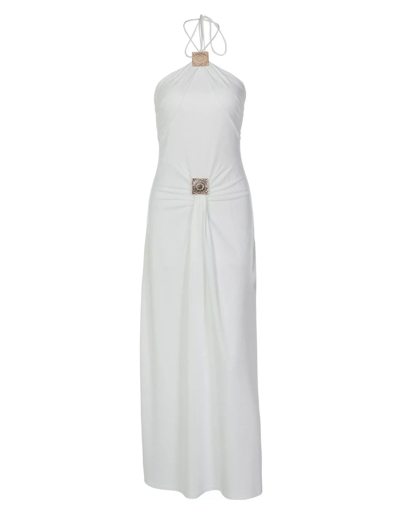 view of Backless Ruched Halter Neck Maxi Dress  a mannequin 