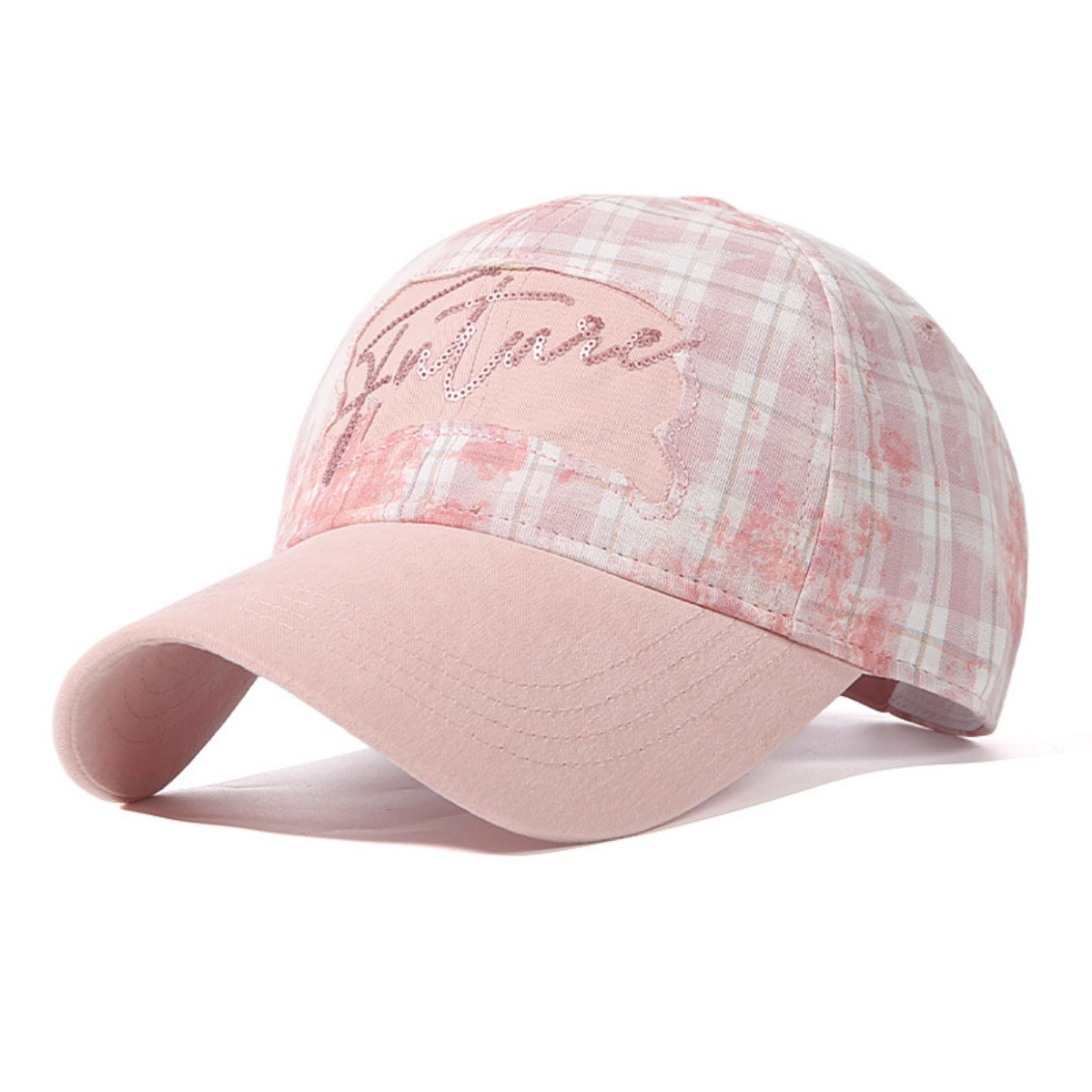 Pink cap with floral pattern and 'Bella' text on a white background