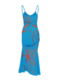 Blue dress with red and gray abstract patterns on a white background