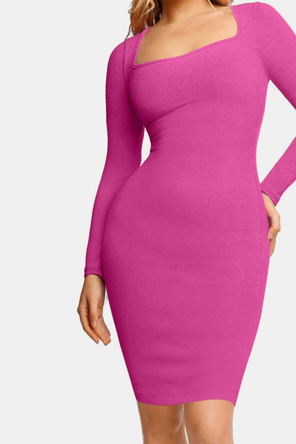 Full view of pink Basic Bae Full Size Built-In Shapewear Square Neck Long Sleeve Dress