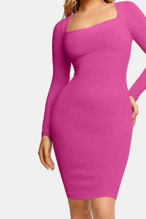 Full view of pink Basic Bae Full Size Built-In Shapewear Square Neck Long Sleeve Dress