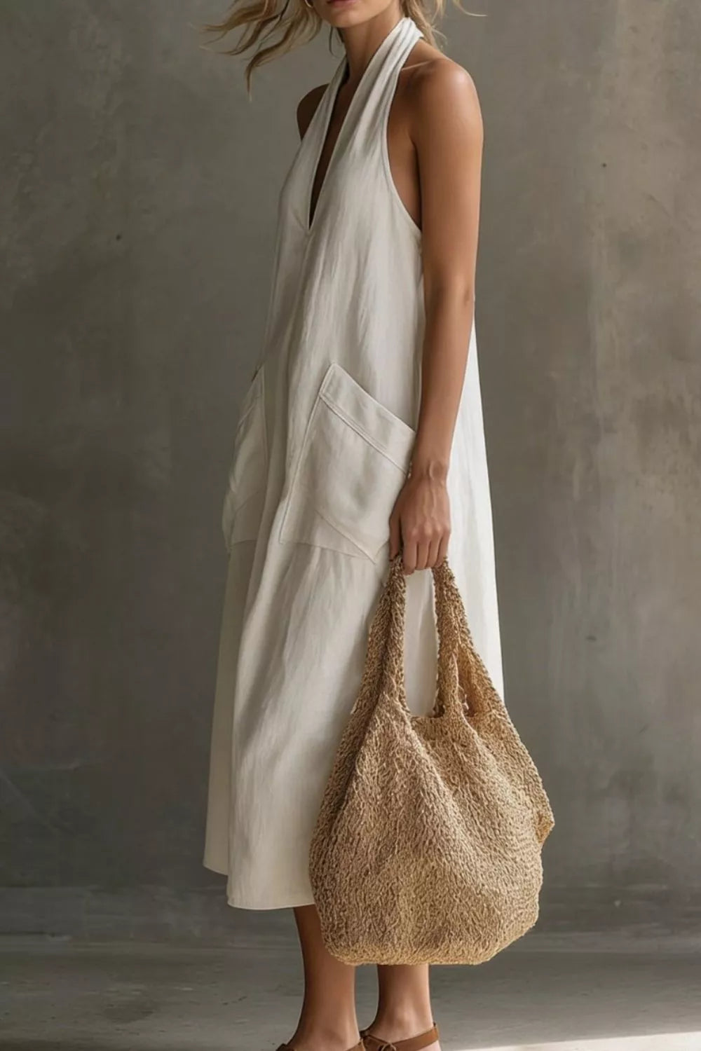 Woman in a white dress holding a beige textured bag against a neutral background