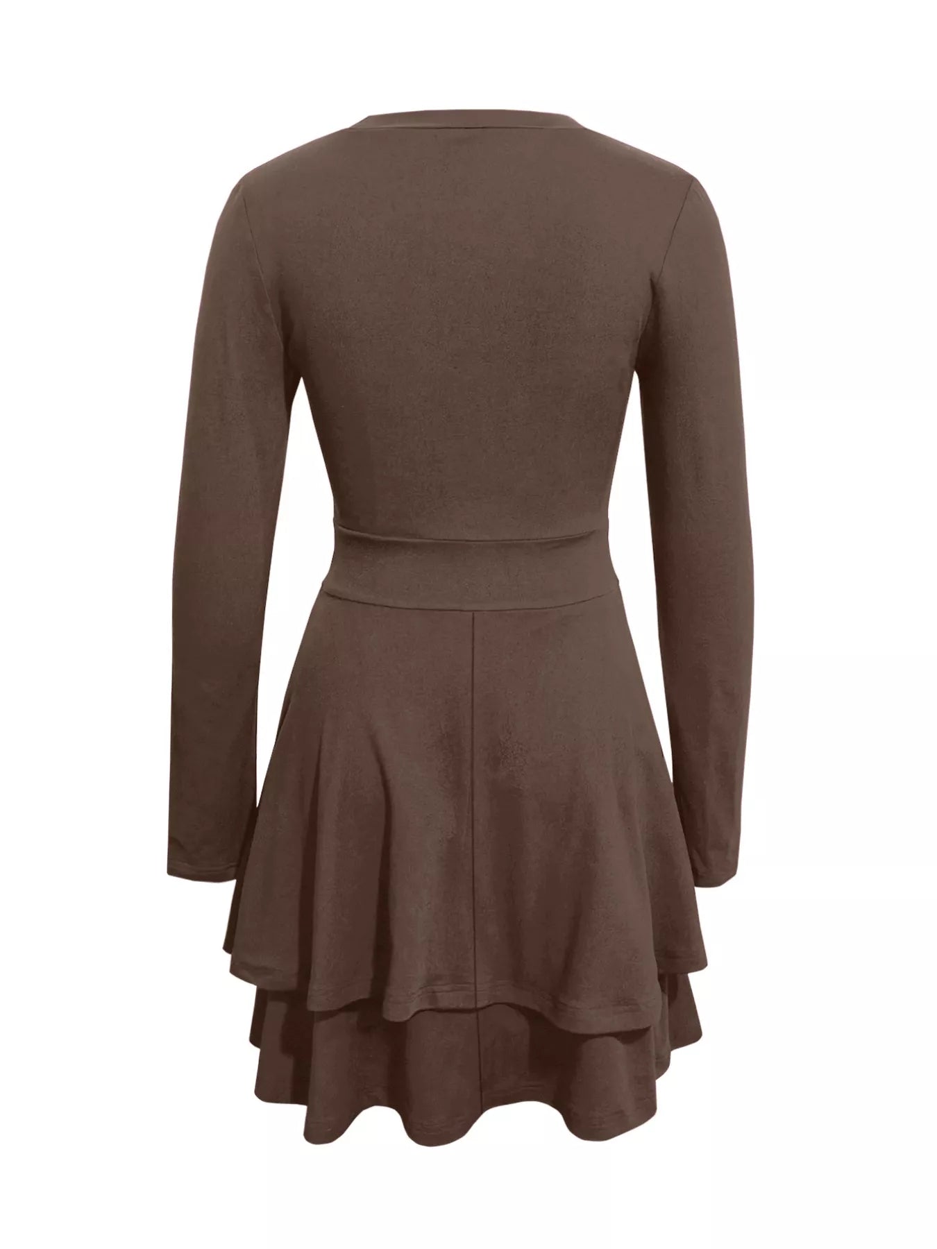Brown dress with long sleeves and a flared skirt on a white background